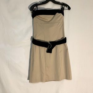 Bebe size 4 belted, strapless, mini dress in tan and brown , belt removable
